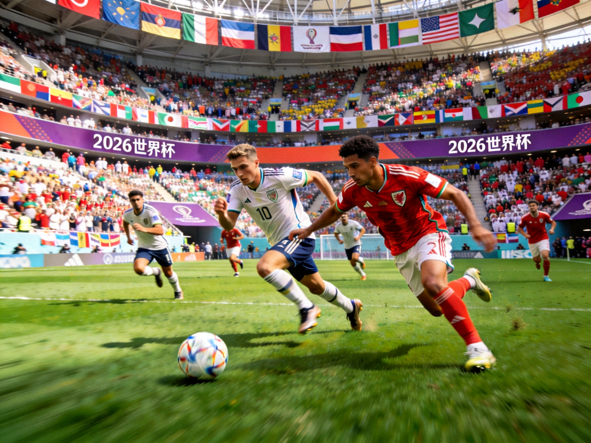 2026年世界杯比赛现场，球员在绿茵场上激烈拼抢